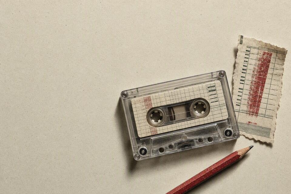 A transparent cassette beside a red pencil and an abstract ledger receipt on textured paper